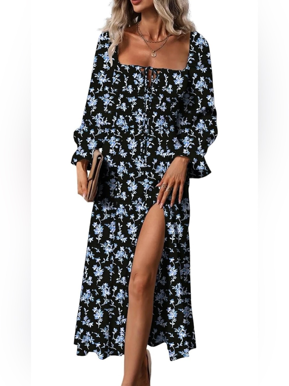 Black Maxi Dress with Blue Floral Print and Square Neck